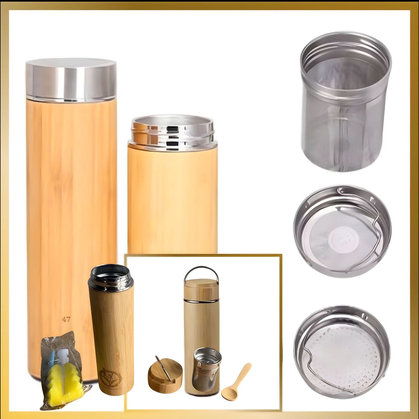 Stainless Steel Bamboo Tumbler 20 oz tea and coffee infuser comes with a wooden spoon and brush
