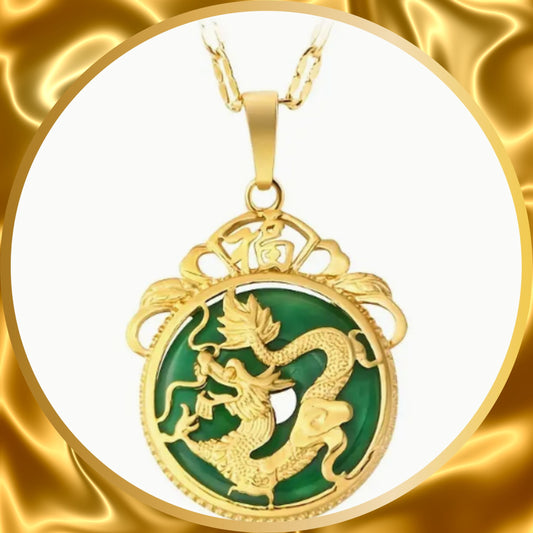 An exquisite necklace double side round jade pendent with gold plated dragon on top.