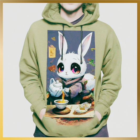 High quality hoodie of beautiful anime snow white bunny with big doe eyes making Jaliny tea and Jaliny Tea with tea leaves also printed on the sleeve.