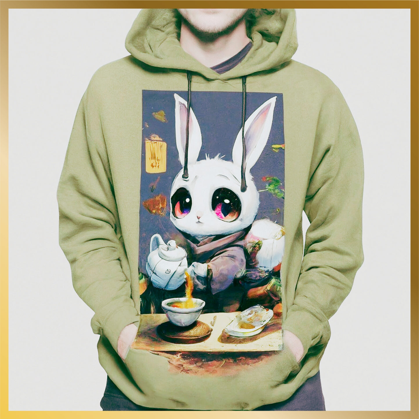 High quality hoodie of beautiful anime snow white bunny with big doe eyes making Jaliny tea and Jaliny Tea with tea leaves also printed on the sleeve.