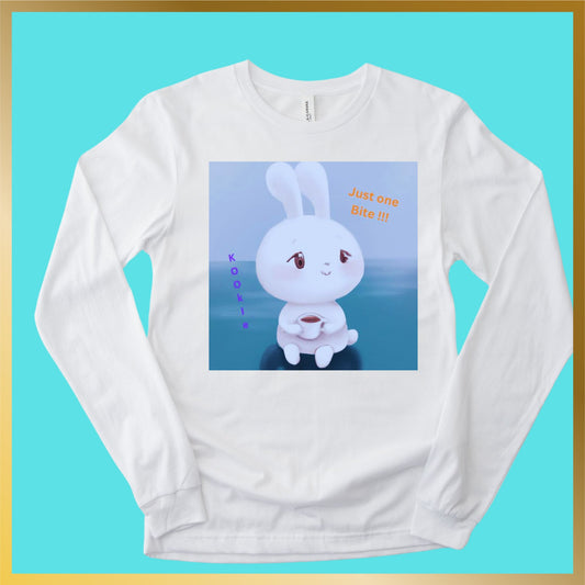 cute snow white bunny said Just one Bite long sleeve white shirt while holding a mug of coffee 