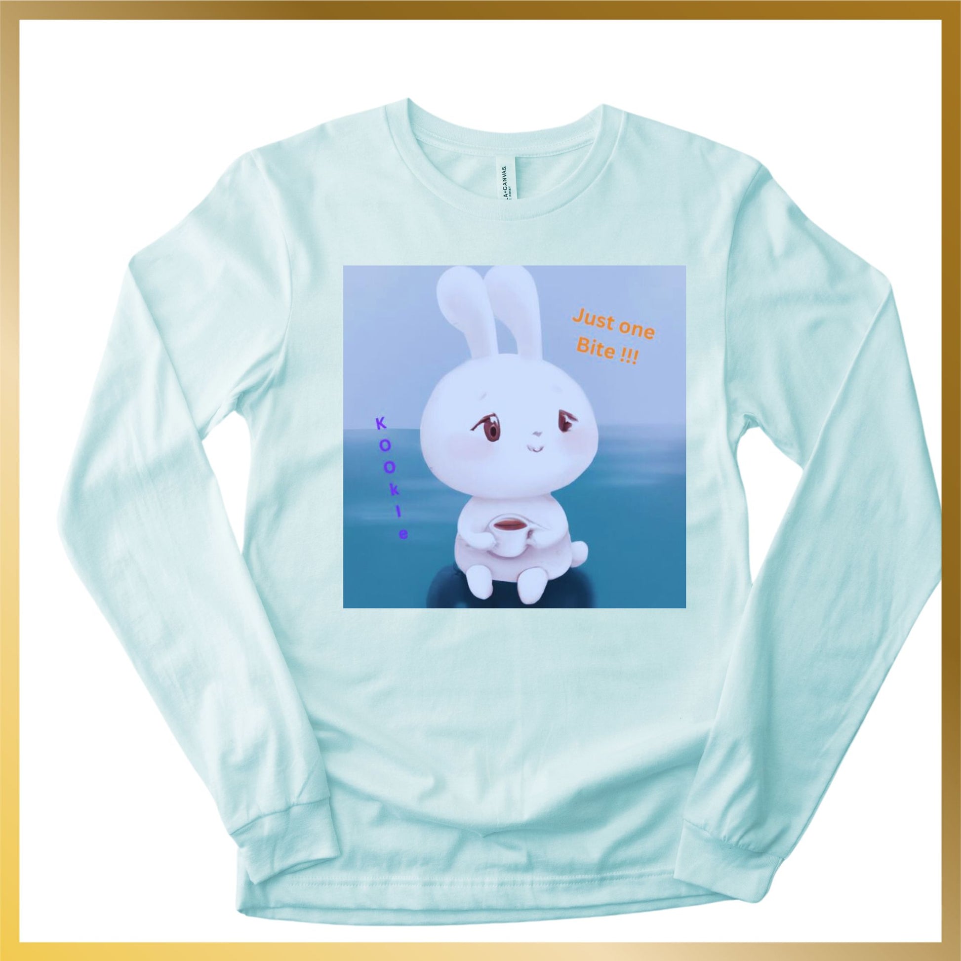 cute snow white bunny said Just one Bite long sleeve blue shirt while holding a mug of coffee