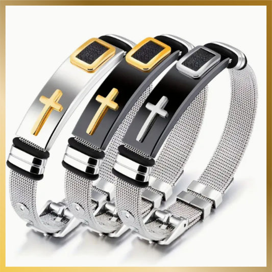 New Men Trendy Stainless Steel Gold Cross Bangle, Non-Tarnish, Water Proof Fashion
