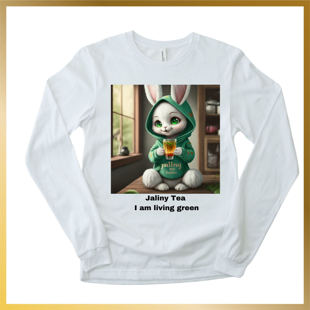 white long sleeve shirt of a pretty anime snow white bunny drinking Jaliny tea, "I am living green"