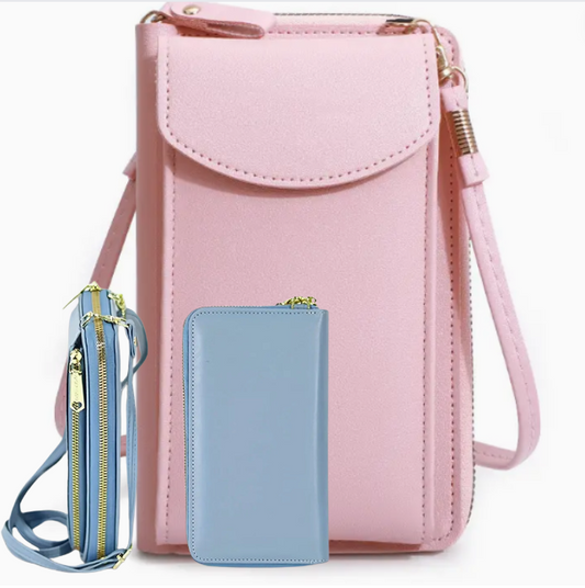 pink pu leather trendy crossbody phone bag with zipper and two compartments inside.  Available in blue, green, grey as well.  