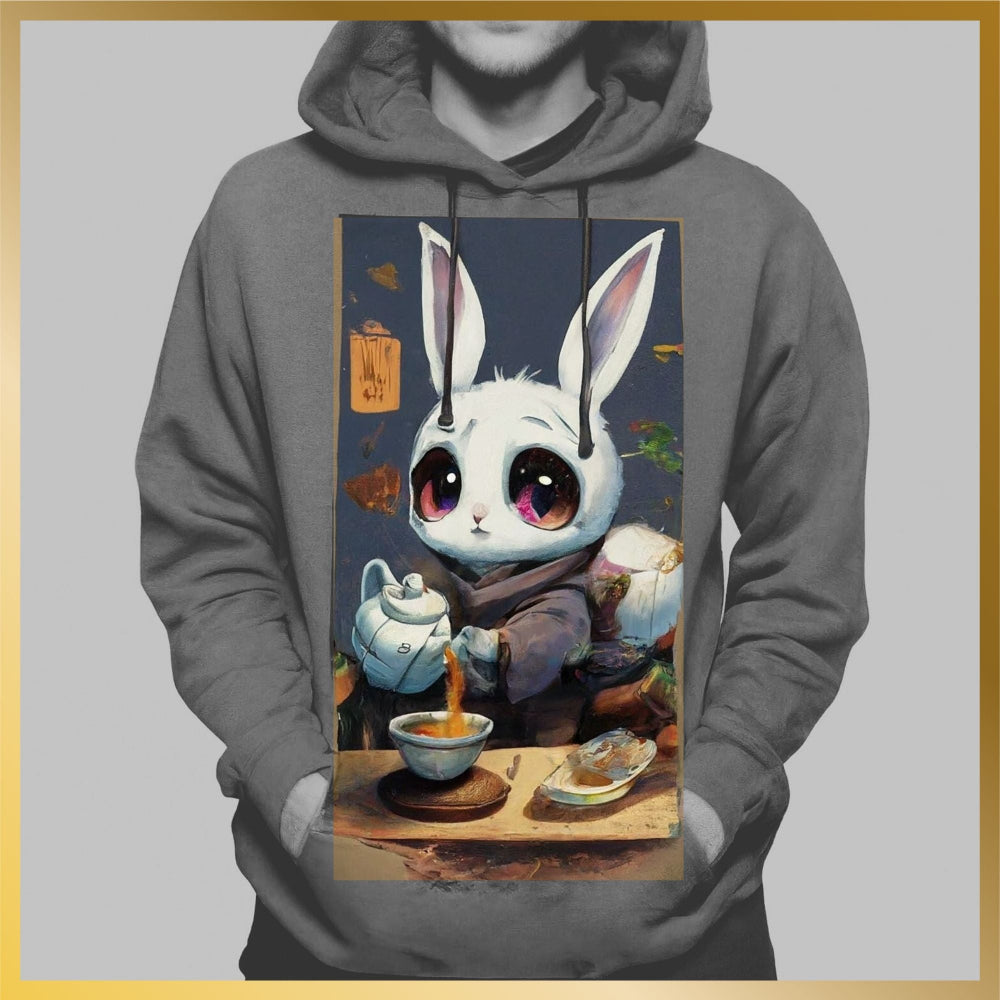 High quality hoodie of beautiful anime snow white bunny with big doe eyes making Jaliny tea and Jaliny Tea with tea leaves also printed on the sleeve.