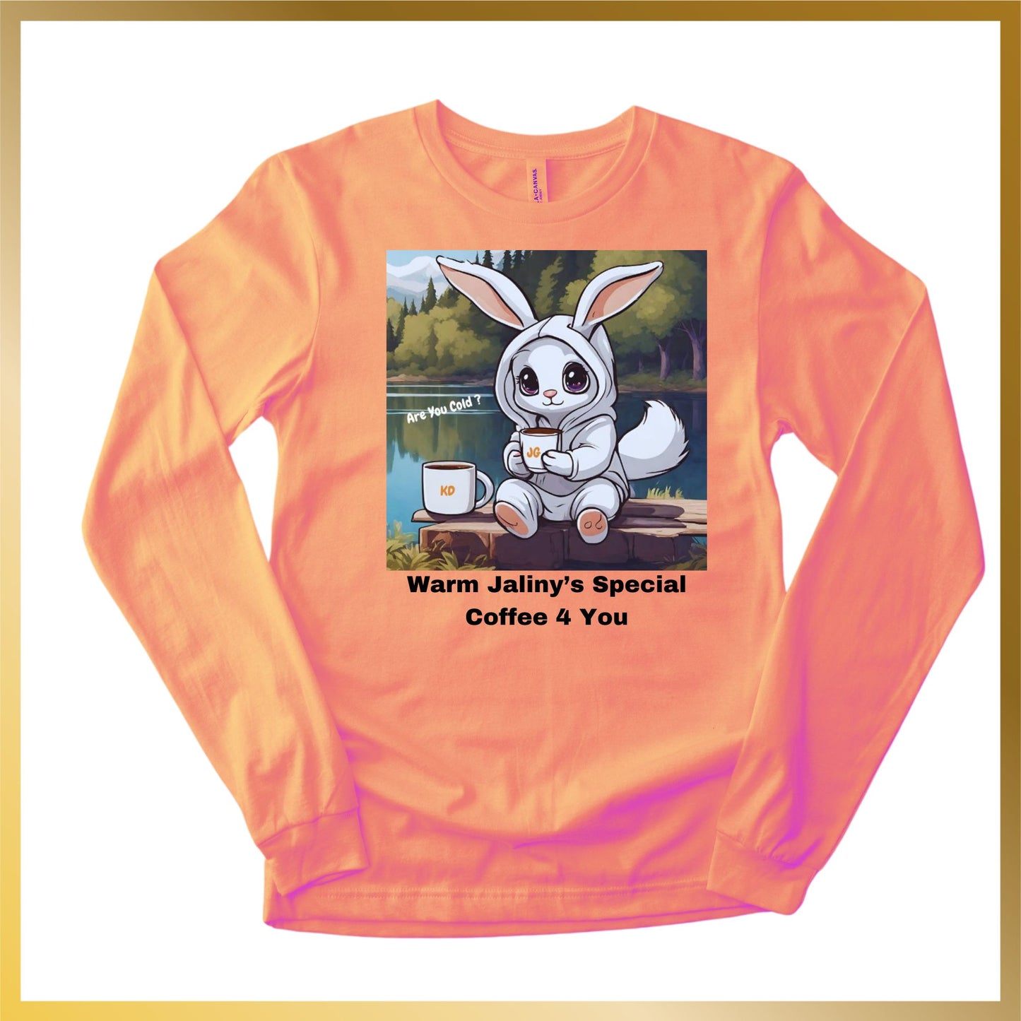 orange long sleeve shirt of cute doe eyes snow white bunny on a lake drinking Jaliny Coffee while wearing  white hoodie.