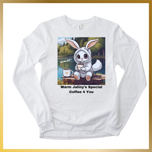 White long sleeve shirt of cute doe eyes snow white bunny on a lake drinking Jaliny Coffee while wearing  white hoodie.
