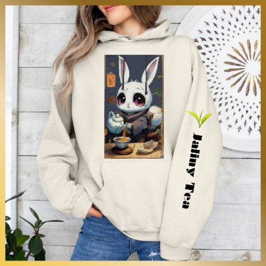 High quality hoodie of beautiful anime snow white bunny with big doe eyes making Jaliny tea and Jaliny Tea with tea leaves also printed on the sleeve.