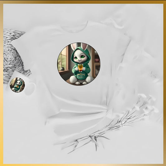 White TShirt of Green Bunny Drinking Green Tea