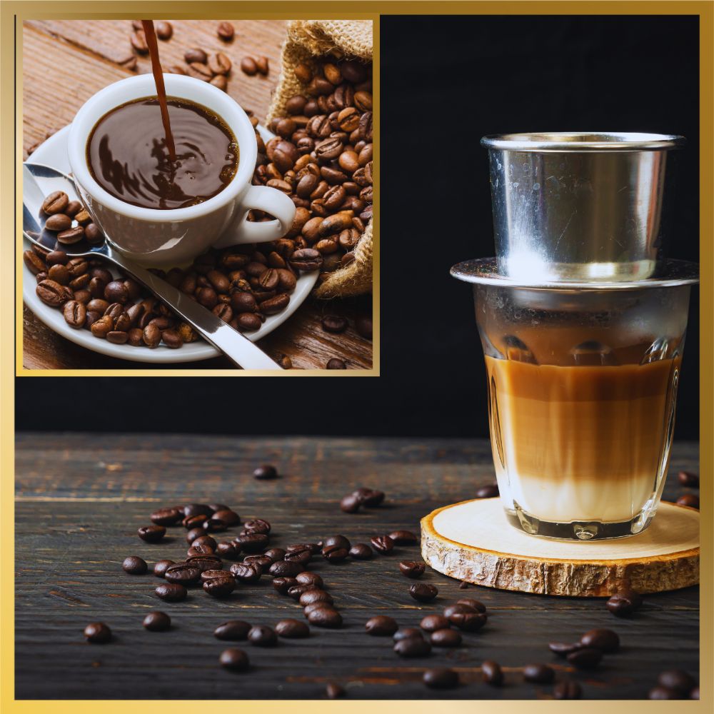 Image of Vietnamese Coffee Made with filter on top of a glass already has condensing milk as hot coffee dripped down and in picture is a black cup of coffee surrounded by coffee beans