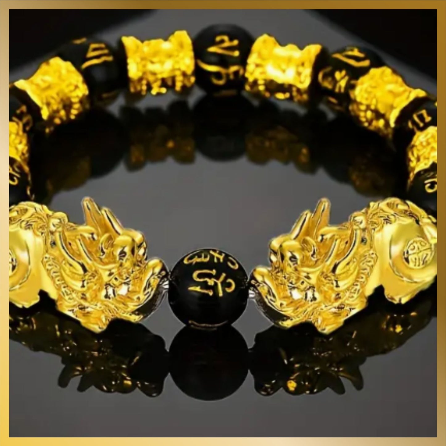 a lucky Pixiu black beads bracelet with gold plated cylinder divider between each bead and two gold plated dragon head signify wealth and fortune especially this year is the year of the dragon.