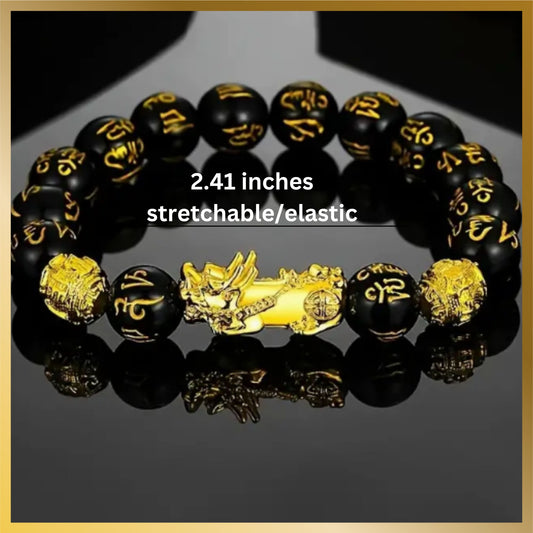 black lucky wealth and fortune Pixiu beads bracelet with a gold plated dragon and it's a stretchable elastic band with a 2.41 inches diameter.