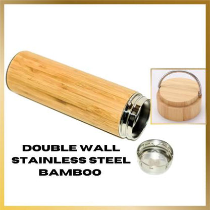 A touch of nature bambo stainless steel tumbler 20 oz with tea infuser or coffee filter and convenient with a handle on top of the lid. It is leak proof.