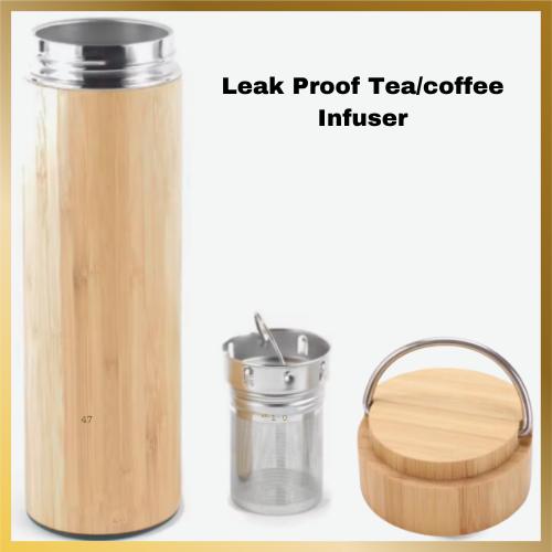 A touch of nature bambo stainless steel tumbler 20 oz with tea infuser or coffee filter and convenient with a handle on top of the lid. It is leak proof.