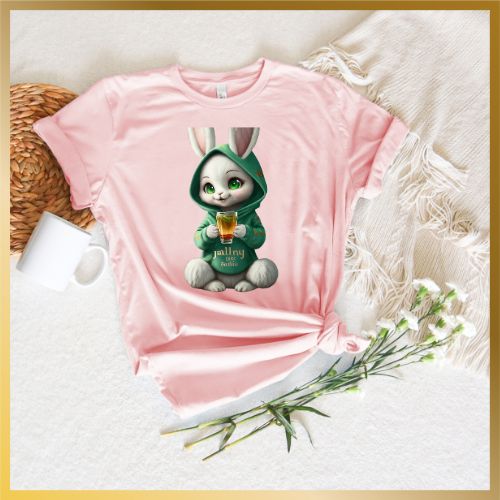 A Cute Pink Tshirt of An Anime Bunny drinking Jaliny tea. Soft comfortable in Style Unique tshirt