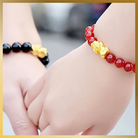 His and Her Black and Red Agate Stone Pixiu Bracelet, Luck and Fortune Elastic bracelet with gold plated dragon.