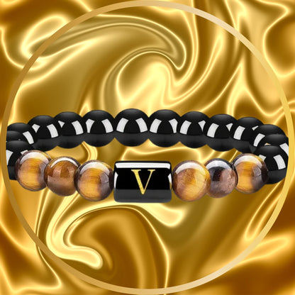 Trendy Unisex Elastic Black and Gold Beads Letter Bracelet Symbolize of Double Protection Calming Bracelet