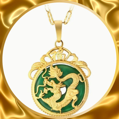 An exquisite necklace double side round jade pendent with gold plated dragon on top.