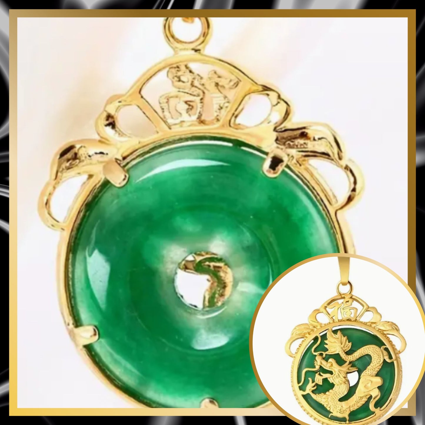 An exquisite necklace double side round jade pendent with gold plated dragon on top.