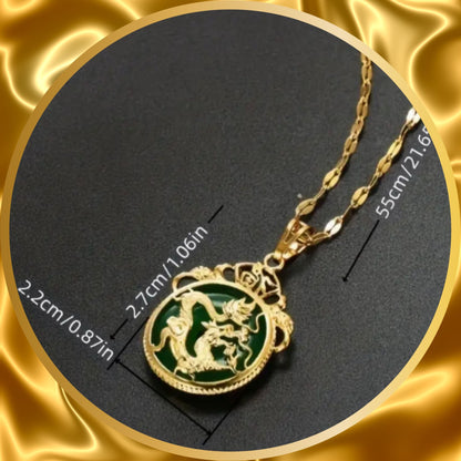 Double Side Exquisite Green Jade With Gold Plated Dragon Necklace, Symbol of Wealth, Health, and Style for Both Men and Women