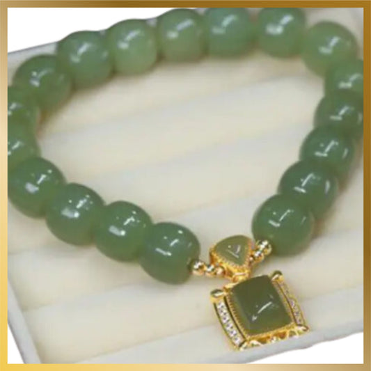 Lucky Natural Green Jade With Gold Plated Pendant Bracelet