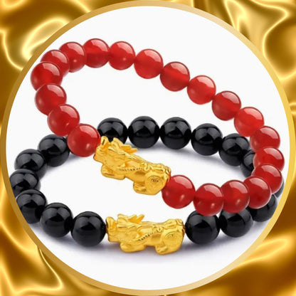 His and Her Black and Red Agate Stone Pixiu Bracelet, Luck and Fortune Elastic bracelet with gold plated dragon.