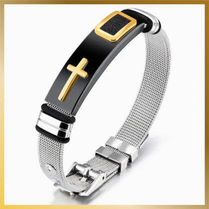 New Men Trendy Stainless Steel Gold Cross Bangle, Non-Tarnish, Water Proof Fashion