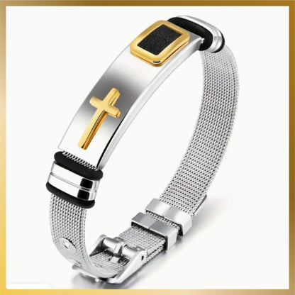 New Men Trendy Stainless Steel Gold Cross Bangle, Non-Tarnish, Water Proof Fashion