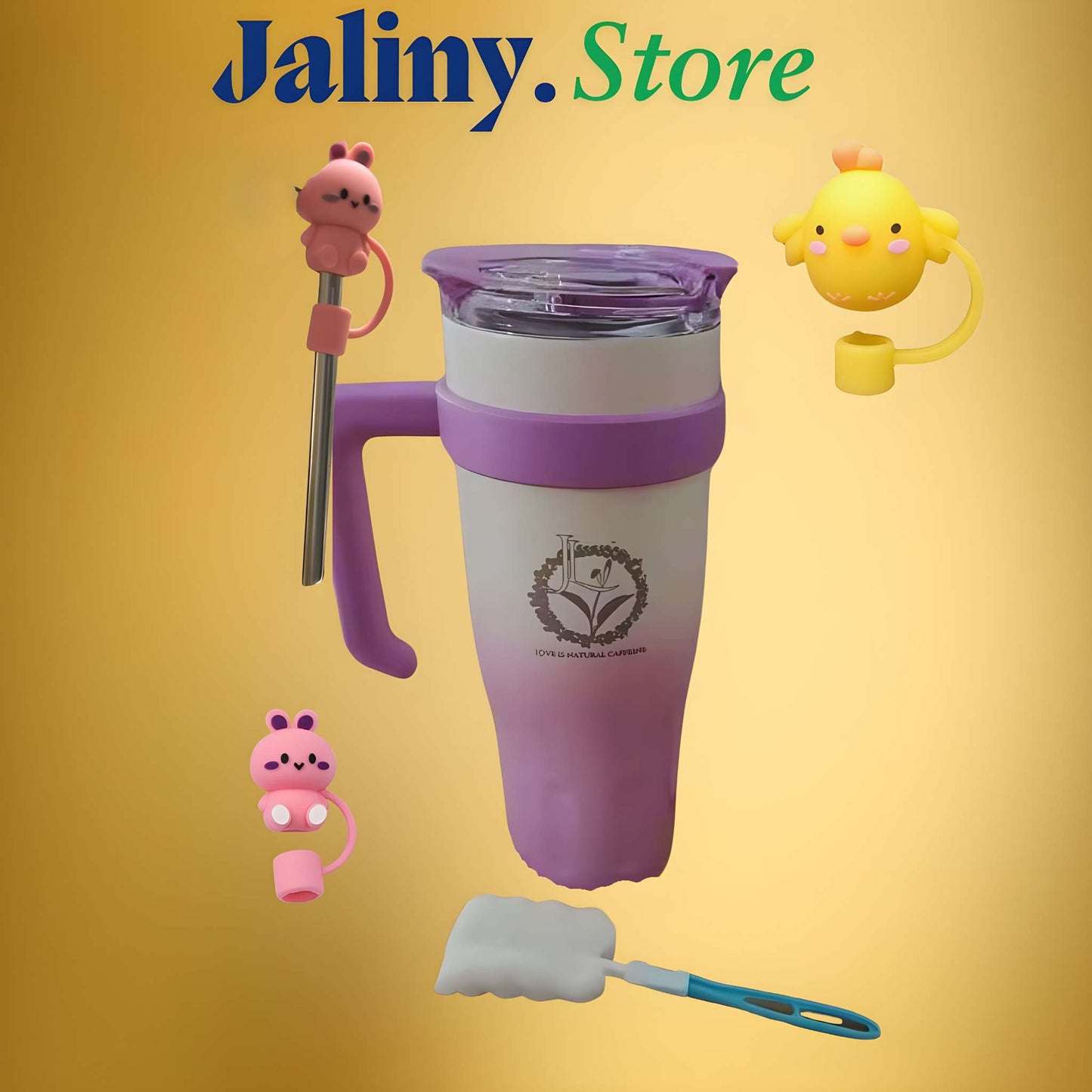 Purple 37.5 oz stainless steel tumbler with cartoon straw cover