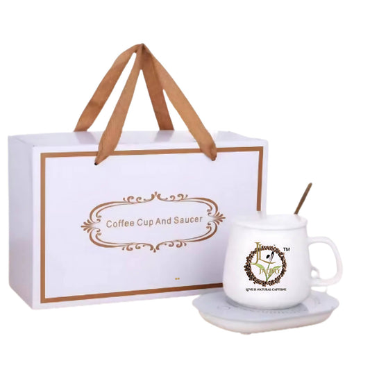 Beautiful luxury gift box set of coffee mug heating pad a golden spoon