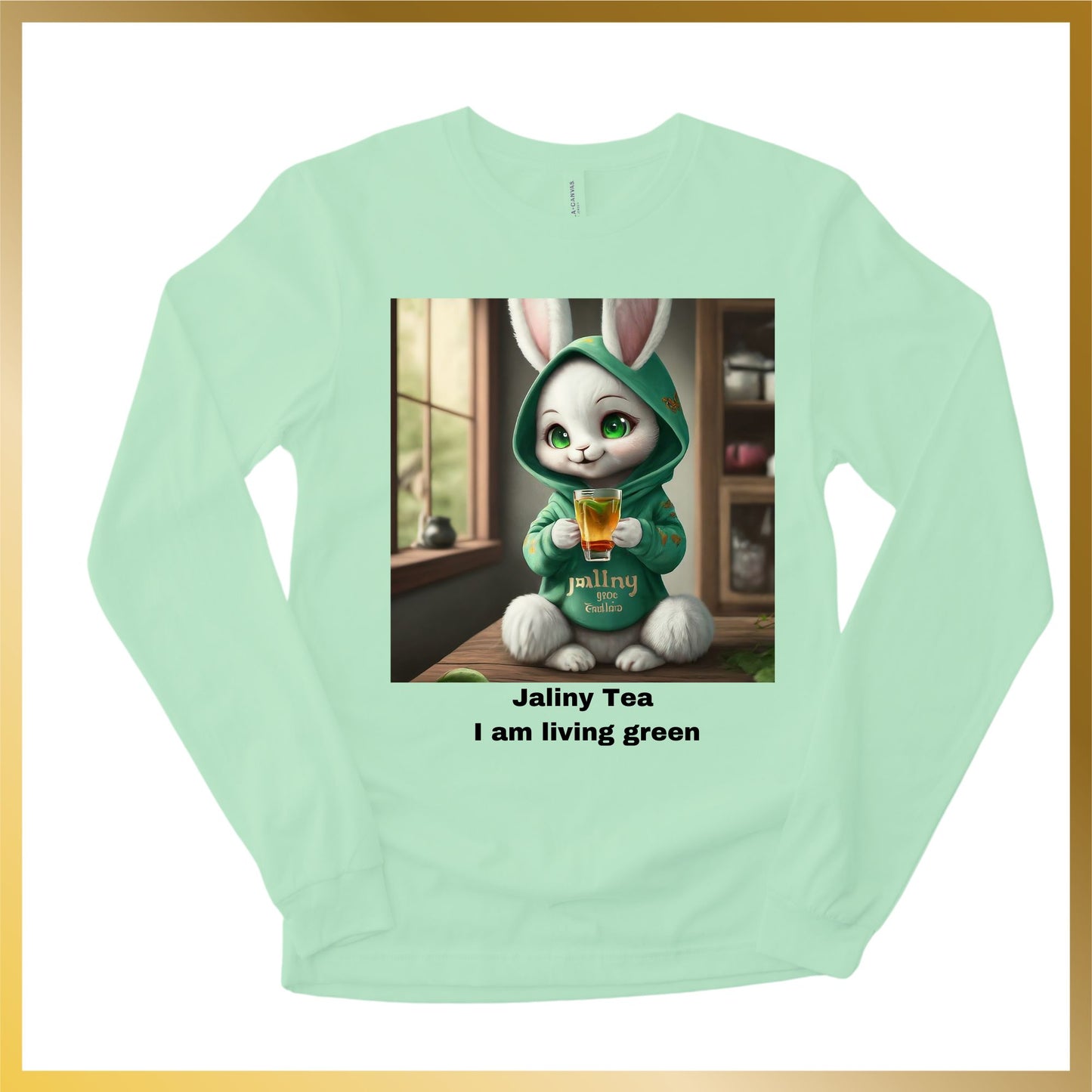 Long Sleeve Shirt of Snow White Bunny Anime Drinking Tea "I am living green"