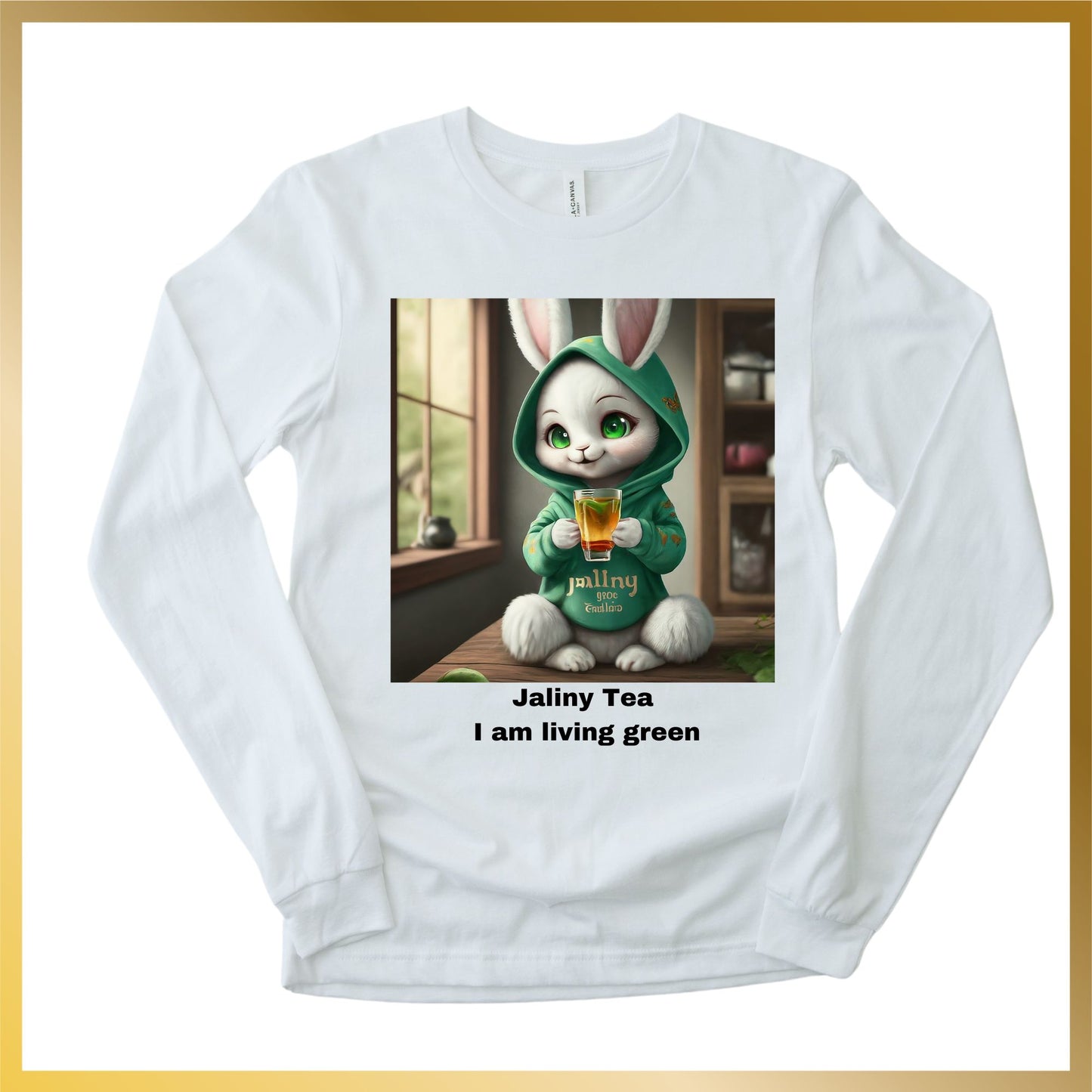 white long sleeve shirt of a pretty anime snow white bunny drinking Jaliny tea, "I am living green"