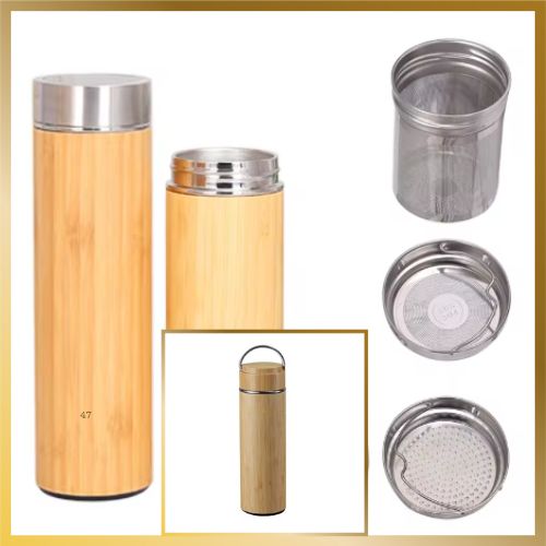 A touch of nature bambo stainless steel tumbler 20 oz with tea infuser or coffee filter and convenient with a handle on top of the lid. It is leak proof.