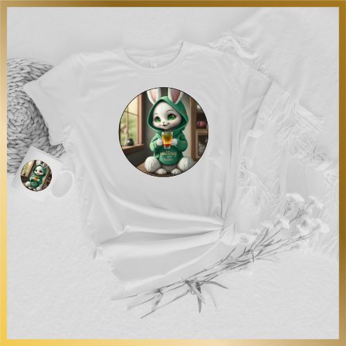 White TShirt of Green Bunny Drinking Green Tea